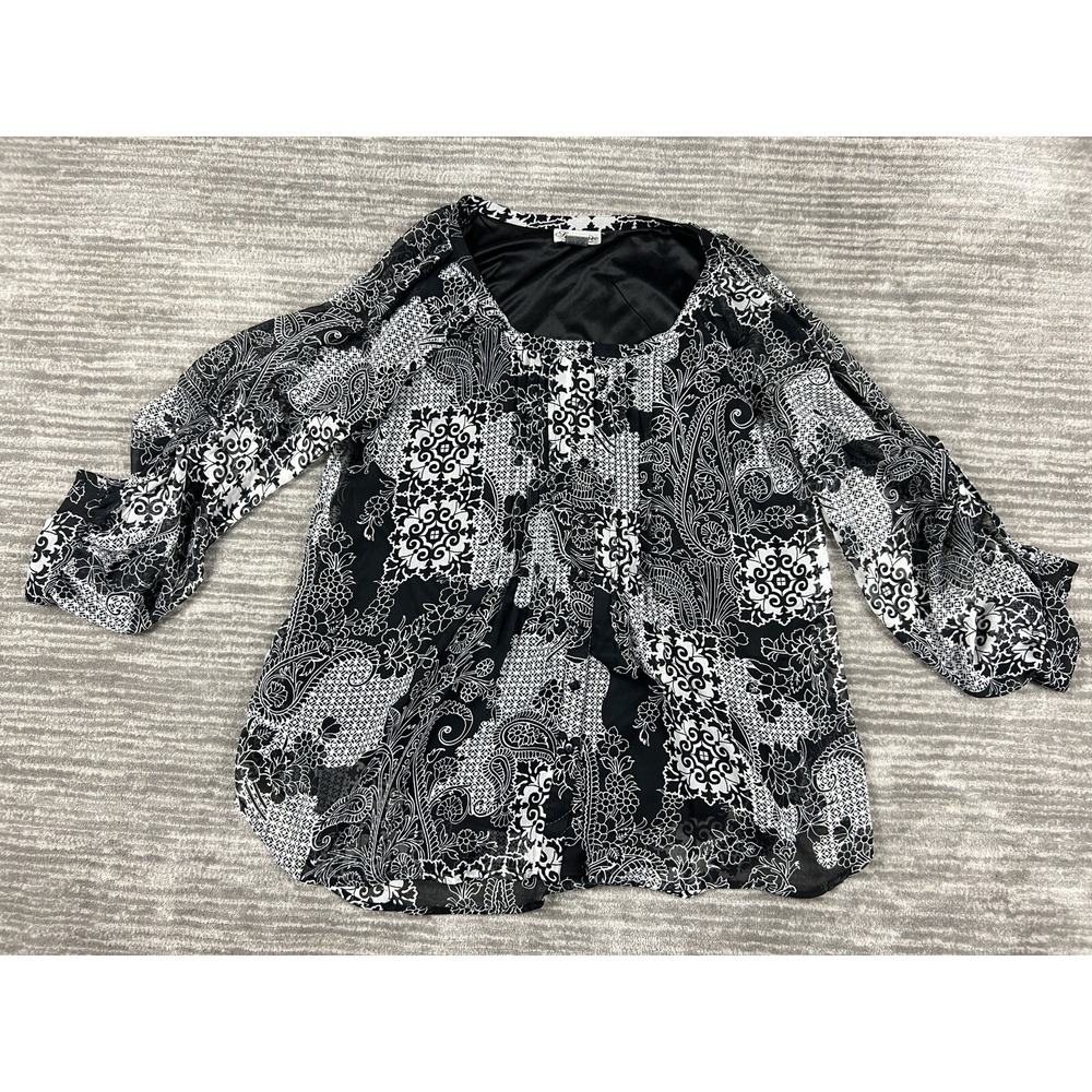 Signature Robbie Bee Blouse Women 1X Black White Paisley Patchwork Lined Pleated